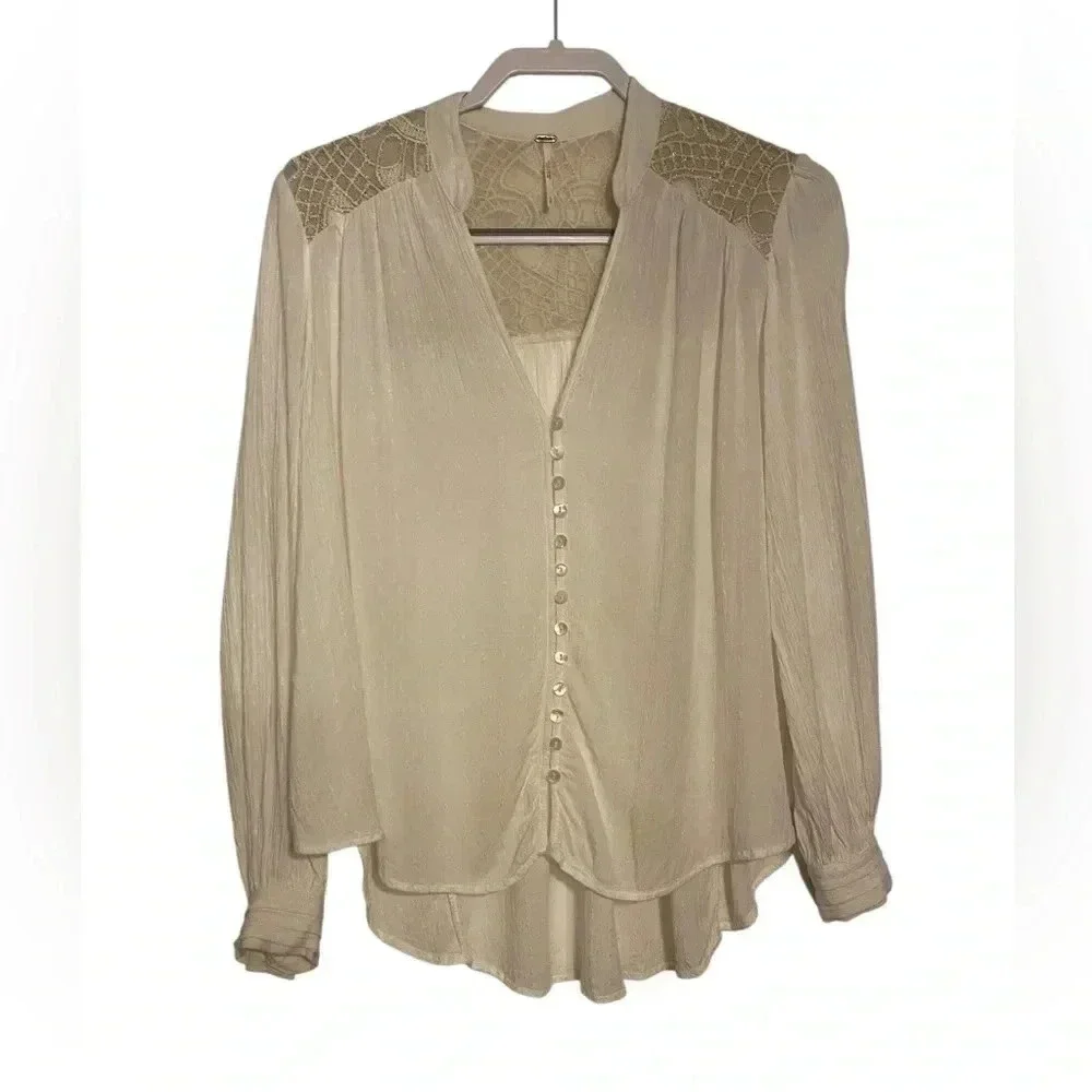 Free People Cream V-Neck Puff Sleeve Blouse with gold detail